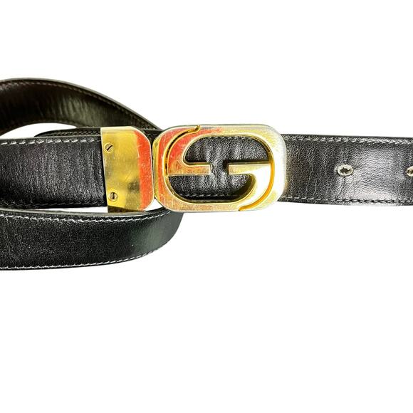 GUCCI‎ Vintage 1970\'s Belt Reversible Black Leather Gold G Buckle Classic Retro main image 5